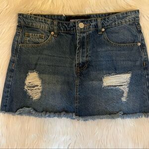 Ashley Mason A-Line Denim Jean Skirt Size Large Distressed Mini Length